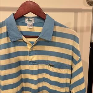 Vintage Izod Lacoste Striped Polo XL Blue Yellow Cotton Lisle Crocodile Logo